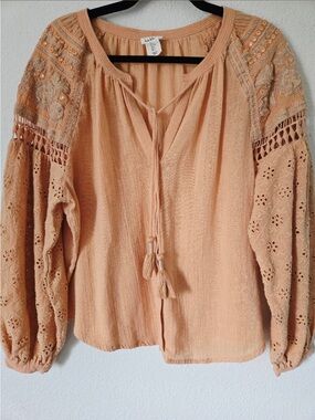 Nicole Miller Artelier Peach Embroidered Tie-Front Bohemian Tunic 💯 Cotton Large